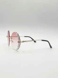 Sunglasses*SVNX Oversized Round Frameless Sunglasses with Crystal Detail in Pink Baby Pink
