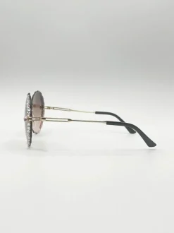 Sunglasses*SVNX Oversized Round Frameless Sunglasses with Crystal Detail in Brown Light Brown
