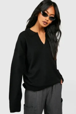 Oversized Jumpers|Jumpers*boohoo Oversized Soft Knit Polo Collar Jumper black