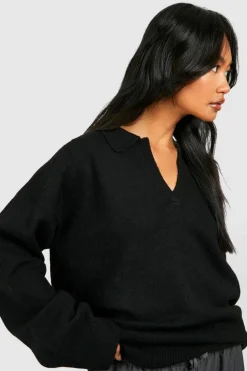 Oversized Jumpers|Jumpers*boohoo Oversized Soft Knit Polo Collar Jumper black