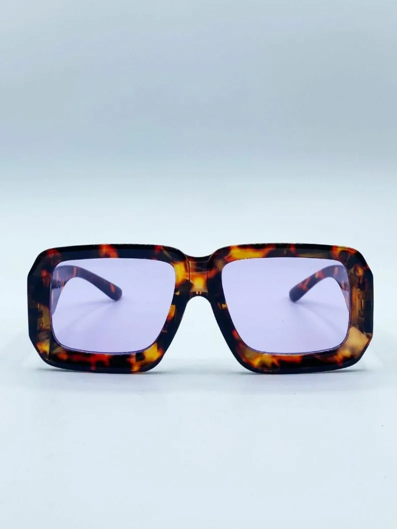 Sunglasses*SVNX Oversized Square Frame in Tortoiseshell with Purple Lenses Brown