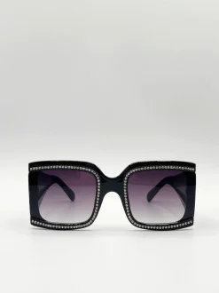 Sunglasses*SVNX Oversized Square Sunglasses with Diamonte Detail Jet Black