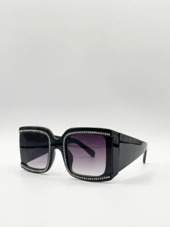 Sunglasses*SVNX Oversized Square Sunglasses with Diamonte Detail Jet Black