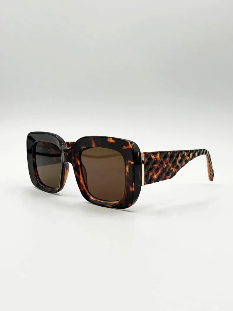 Sunglasses*SVNX Oversized Square Sunglasses with Diamond Check Print Arm Brown