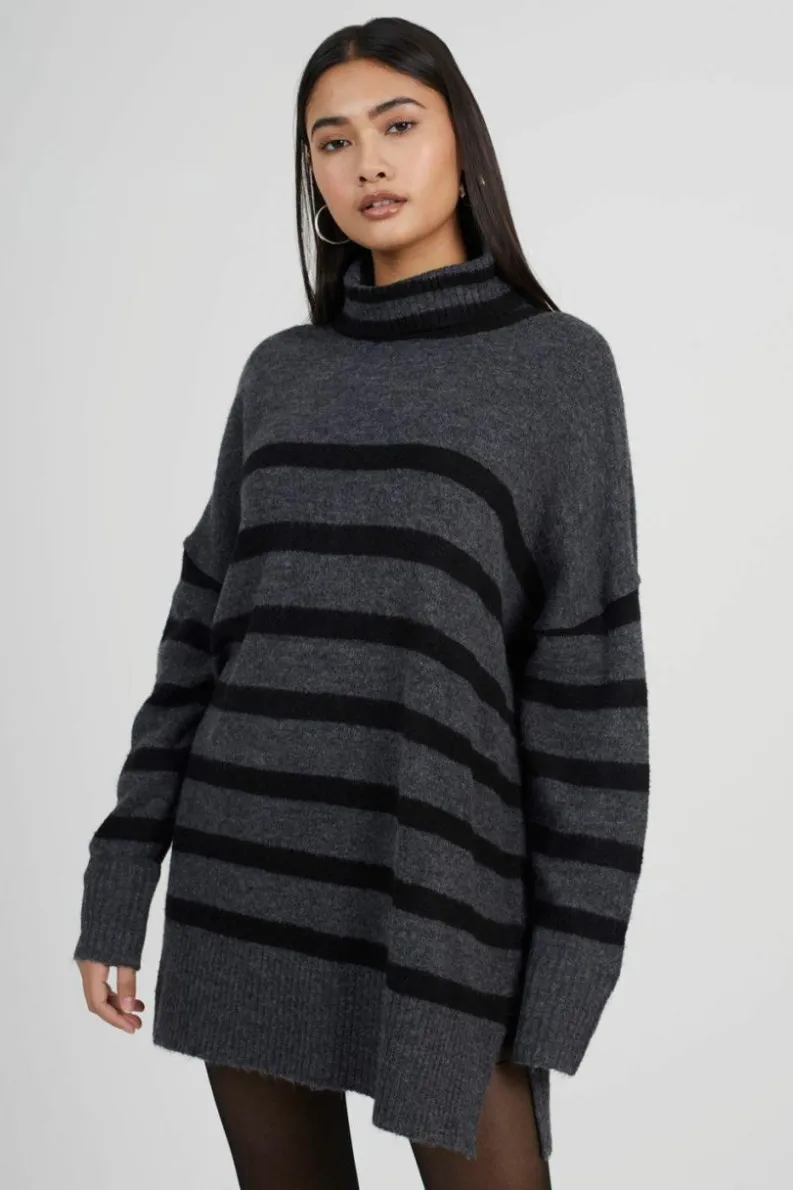 Oversized Jumpers*Brave Soul Oversized Striped Roll Neck Jumper Charcoal