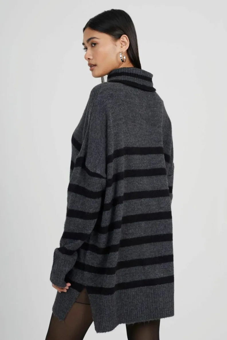 Oversized Jumpers*Brave Soul Oversized Striped Roll Neck Jumper Charcoal