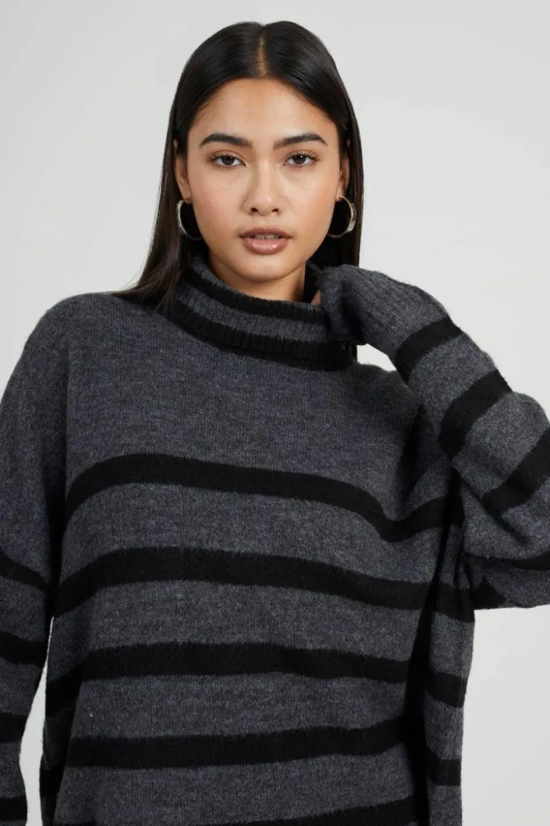 Oversized Jumpers*Brave Soul Oversized Striped Roll Neck Jumper Charcoal