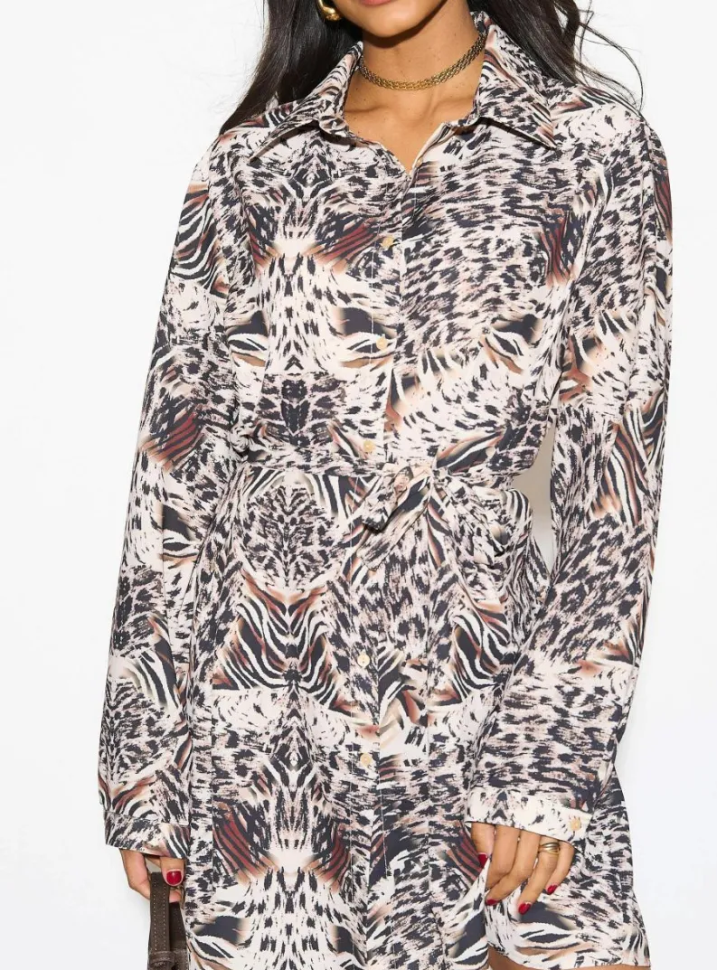 Shirt Dresses*HOXTON GAL Oversized Tie Detailed Tunic Shirt Dress with Long Sleeves Multi