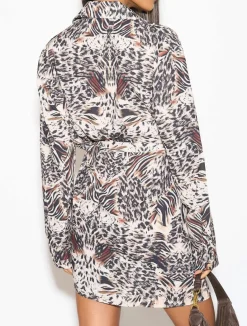 Shirt Dresses*HOXTON GAL Oversized Tie Detailed Tunic Shirt Dress with Long Sleeves Multi
