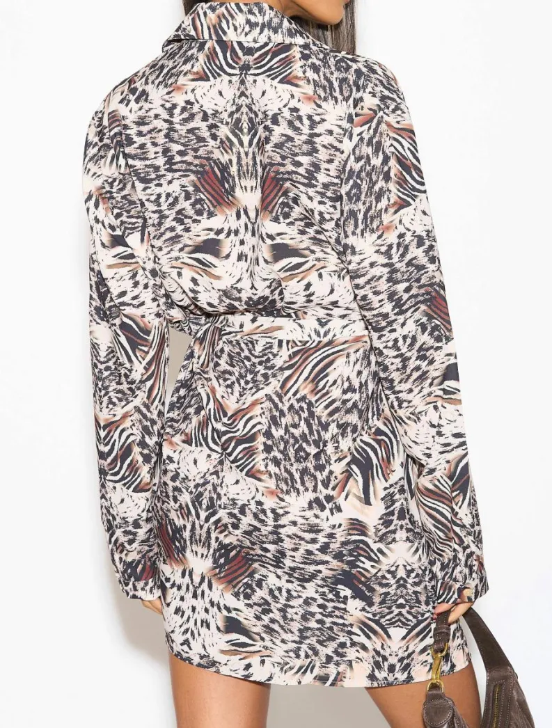 Shirt Dresses*HOXTON GAL Oversized Tie Detailed Tunic Shirt Dress with Long Sleeves Multi