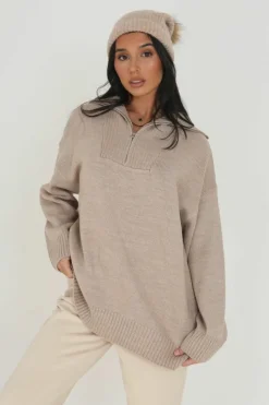 Oversized Jumpers*Brave Soul Oversized Zip Collar Knitted Jumper Stone