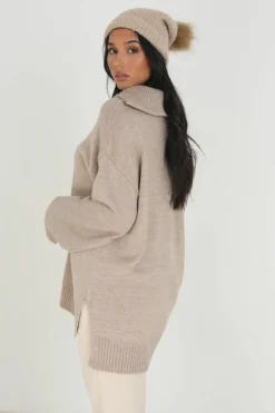 Oversized Jumpers*Brave Soul Oversized Zip Collar Knitted Jumper Stone