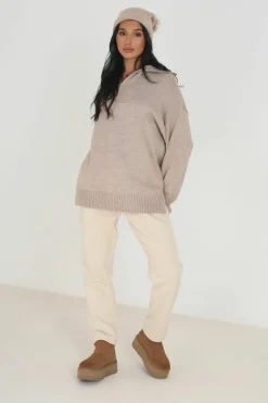 Oversized Jumpers*Brave Soul Oversized Zip Collar Knitted Jumper Stone