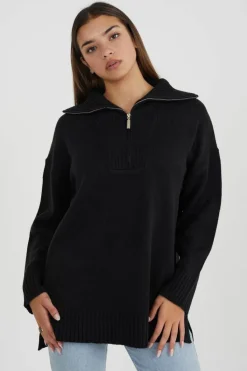 Oversized Jumpers*Brave Soul Oversized Zip Collar Knitted Jumper Black