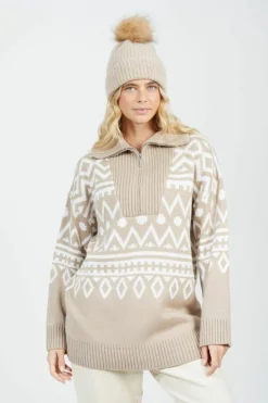 Oversized Jumpers*Brave Soul Oversized Zip Neck Knitted Pattern Jumper Stone