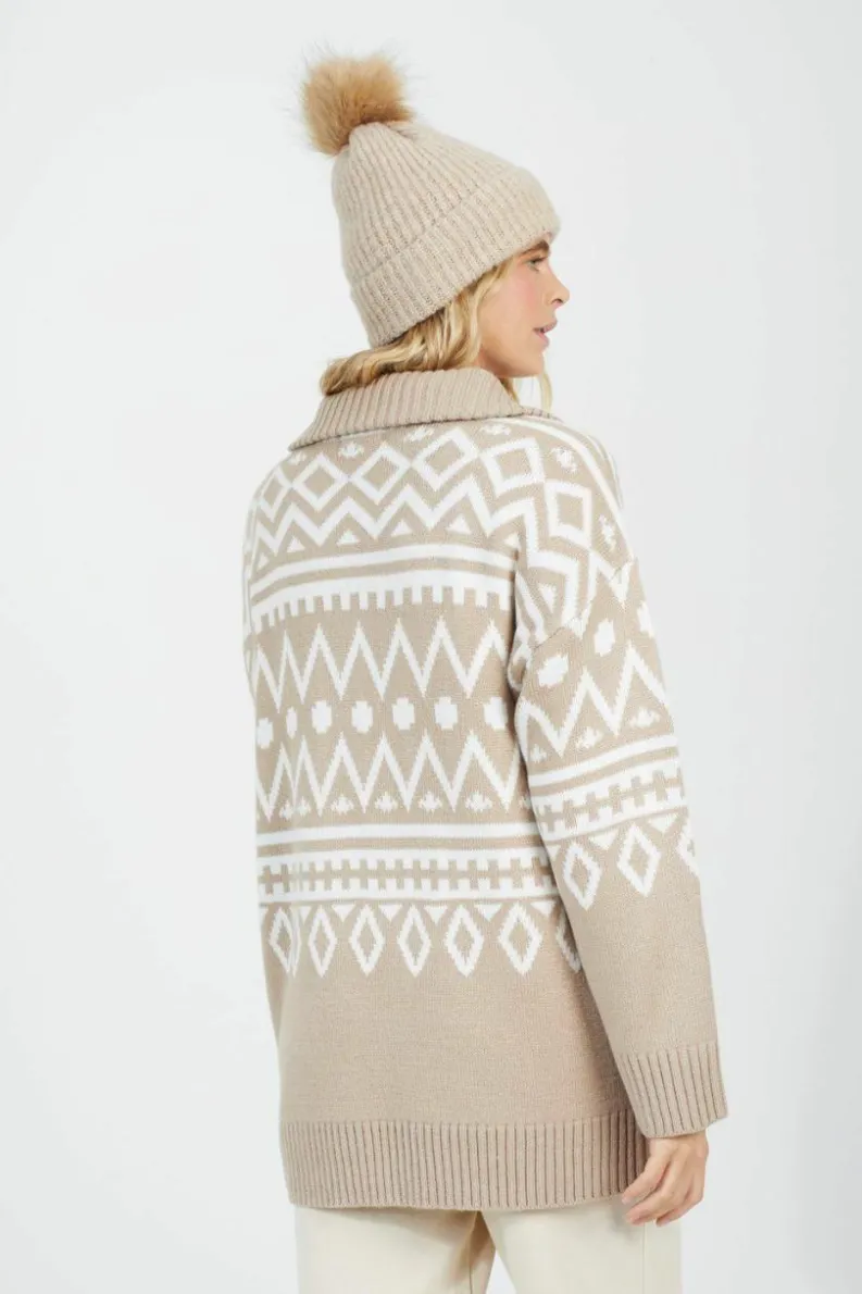 Oversized Jumpers*Brave Soul Oversized Zip Neck Knitted Pattern Jumper Stone