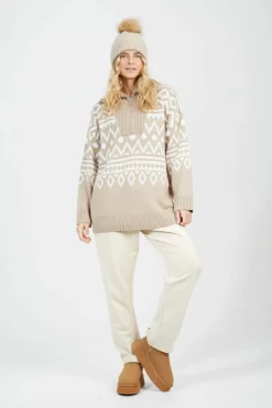Oversized Jumpers*Brave Soul Oversized Zip Neck Knitted Pattern Jumper Stone