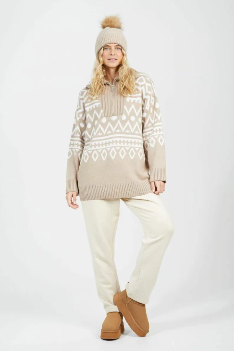 Oversized Jumpers*Brave Soul Oversized Zip Neck Knitted Pattern Jumper Stone