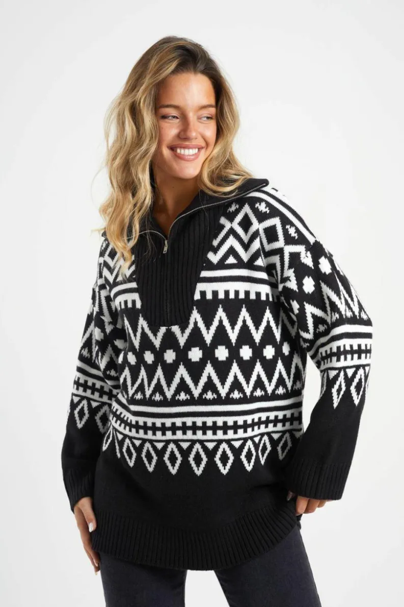 Oversized Jumpers*Brave Soul Oversized Zip Neck Knitted Pattern Jumper Black