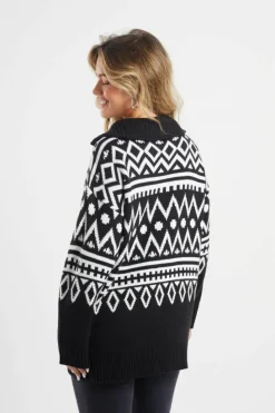 Oversized Jumpers*Brave Soul Oversized Zip Neck Knitted Pattern Jumper Black