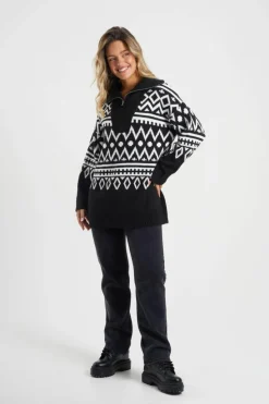 Oversized Jumpers*Brave Soul Oversized Zip Neck Knitted Pattern Jumper Black