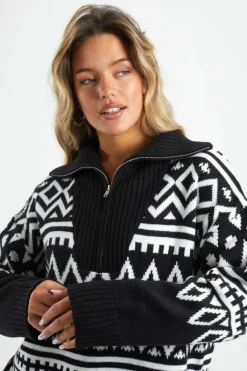 Oversized Jumpers*Brave Soul Oversized Zip Neck Knitted Pattern Jumper Black