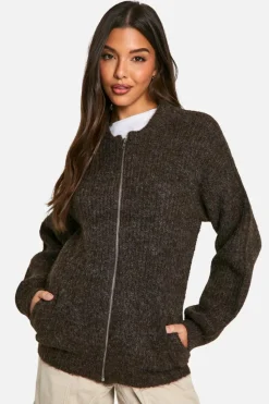 Up To 80% Off Winter Warmers|Bomber Jackets*boohoo Oversized Zip Through Knitted Bomber Jacket chocolate