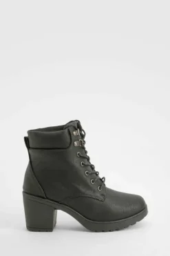 Heels|Biker Boots*boohoo Padded Cuff Block Heel Hiker Boots black