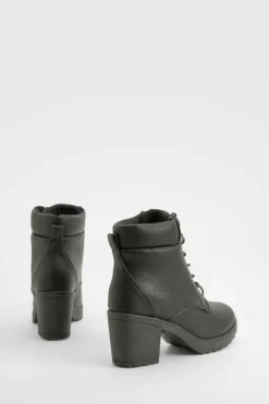 Heels|Biker Boots*boohoo Padded Cuff Block Heel Hiker Boots black