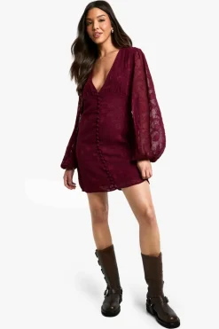 Mini Dresses*boohoo Paisley Burnout Volume Sleeve Mini Dress merlot