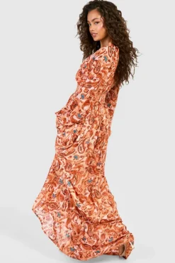 Smock Dresses*boohoo Paisley Print Long Sleeve Maxi Dress cream