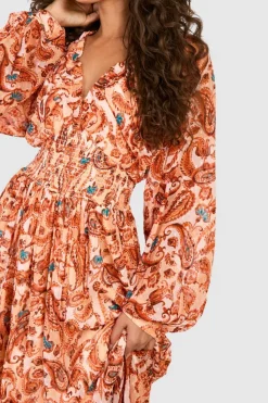 Smock Dresses*boohoo Paisley Print Long Sleeve Maxi Dress cream