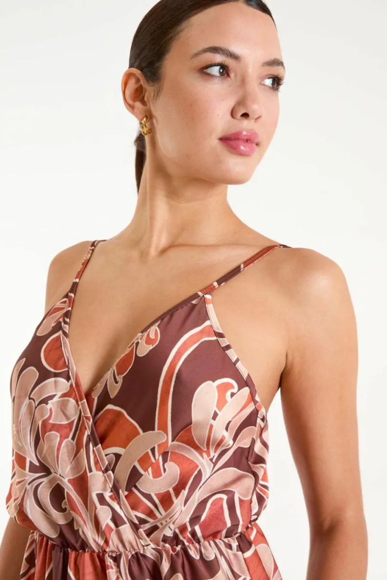 Wrap Dresses*Blue Vanilla Paisley Printed Satin Wrap Maxi Dress Terracotta