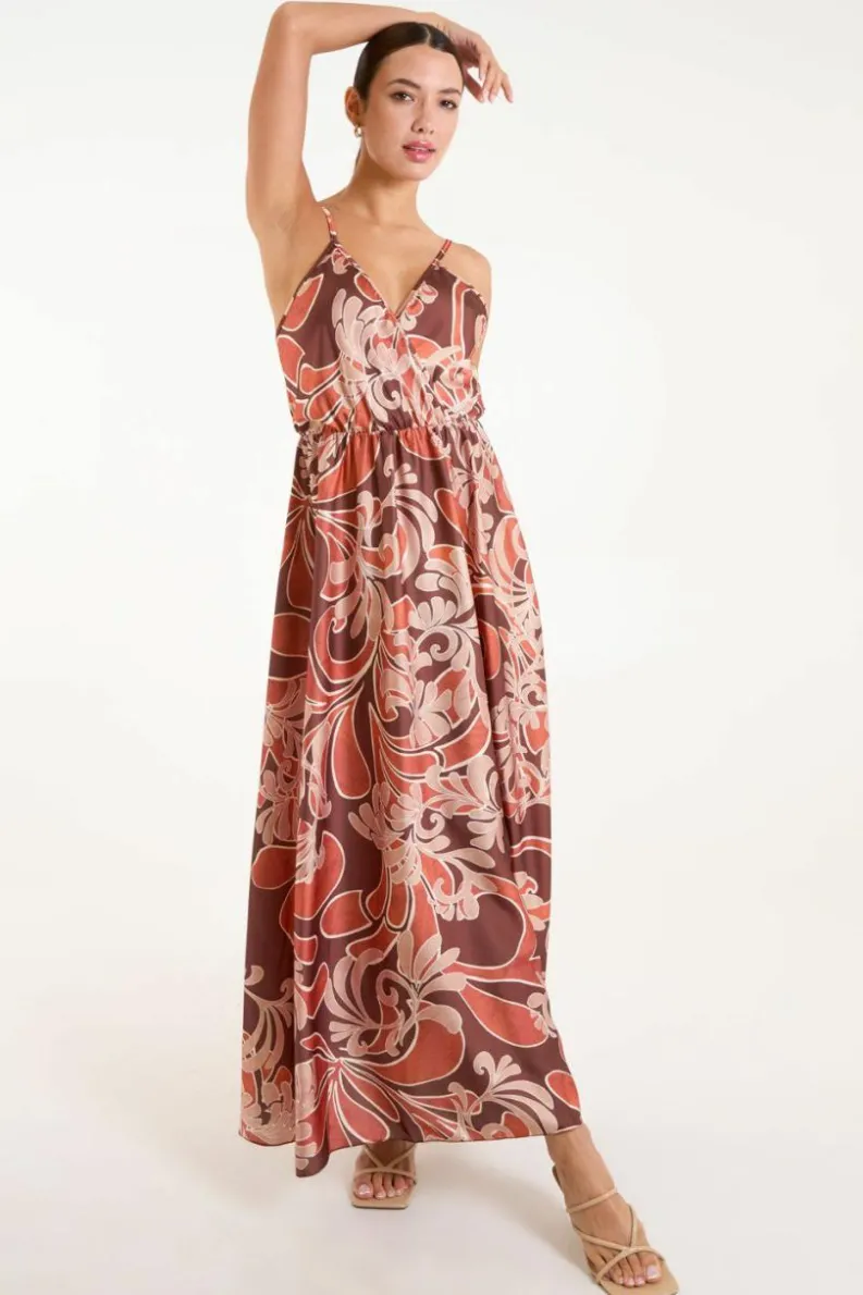 Wrap Dresses*Blue Vanilla Paisley Printed Satin Wrap Maxi Dress Terracotta
