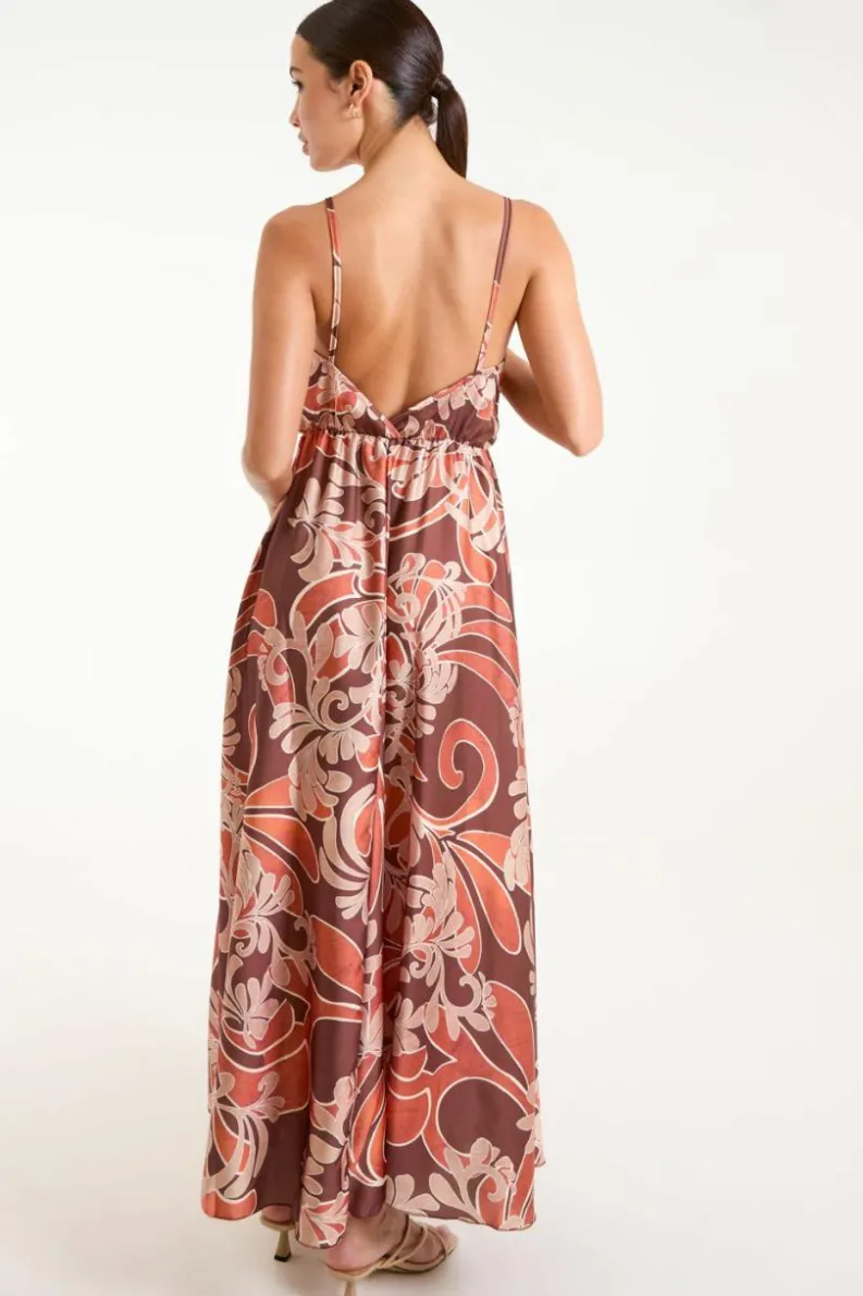 Wrap Dresses*Blue Vanilla Paisley Printed Satin Wrap Maxi Dress Terracotta