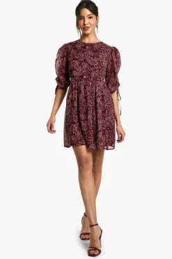 Smock Dresses*boohoo Paisley Ruched Sleeve Mini Dress plum