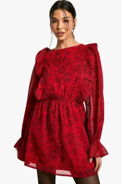 Skater Dresses*boohoo Paisley Ruffle Skater Dress red