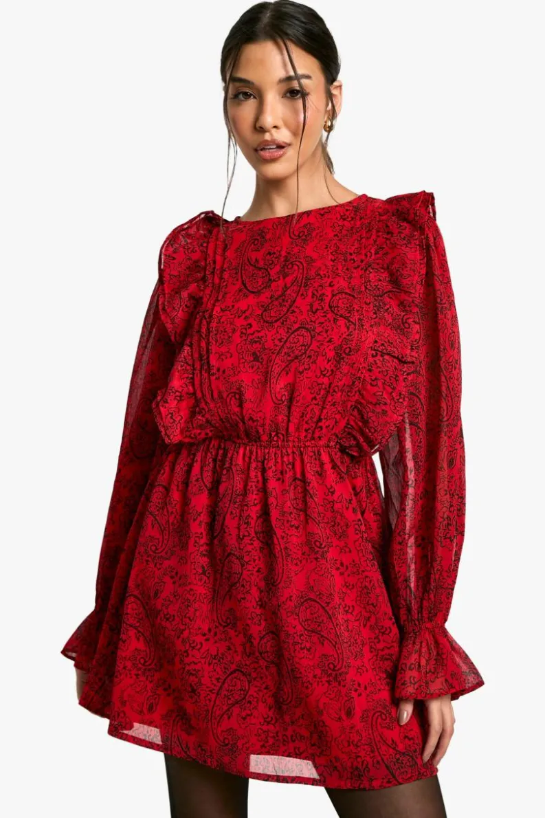 Skater Dresses*boohoo Paisley Ruffle Skater Dress red