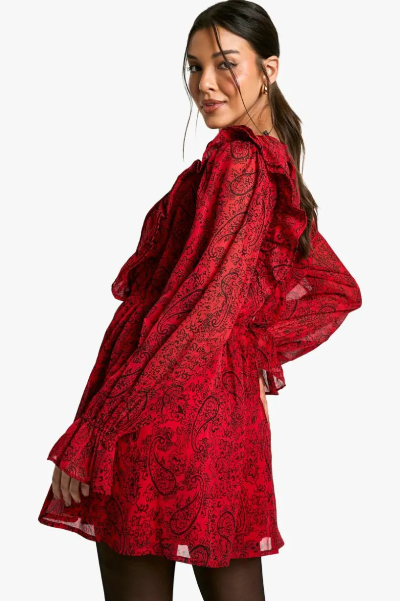 Skater Dresses*boohoo Paisley Ruffle Skater Dress red