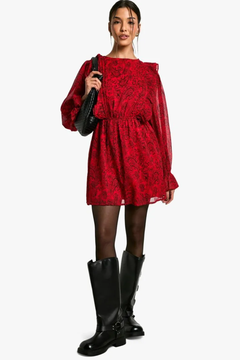 Skater Dresses*boohoo Paisley Ruffle Skater Dress red