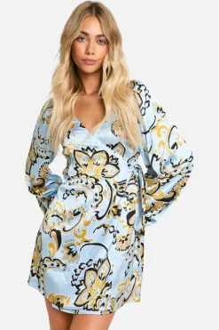 Wrap Dresses*boohoo Paisley Satin Balloon Sleeve Wrap Mini Dress blue