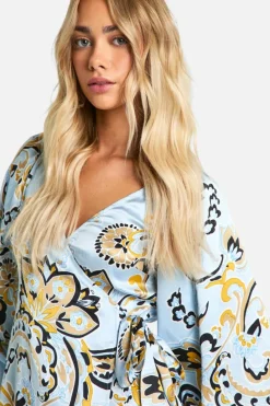 Wrap Dresses*boohoo Paisley Satin Balloon Sleeve Wrap Mini Dress blue