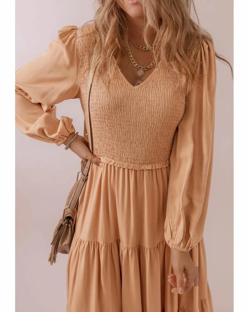 Smock Dresses*Azura Exchange Pale Chestnut Smocked V Neck Long Sleeve Ruffle Dress Multi