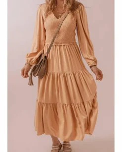 Smock Dresses*Azura Exchange Pale Chestnut Smocked V Neck Long Sleeve Ruffle Dress Multi