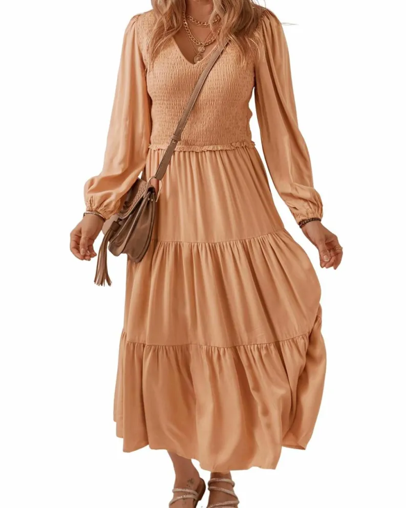 Smock Dresses*Azura Exchange Pale Chestnut Smocked V Neck Long Sleeve Ruffle Dress Multi