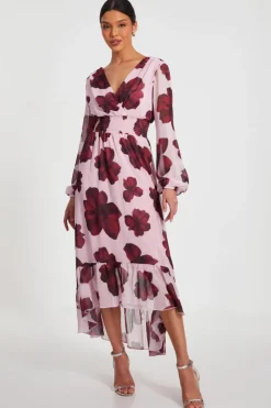 Midi Dresses*Quiz Floral Dip Hem Midi Dress Pale Pink