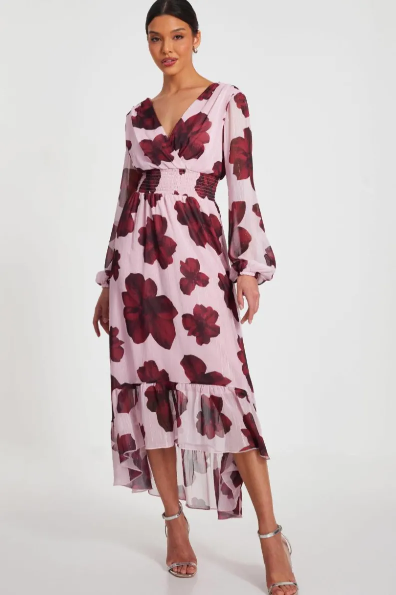 Midi Dresses*Quiz Floral Dip Hem Midi Dress Pale Pink