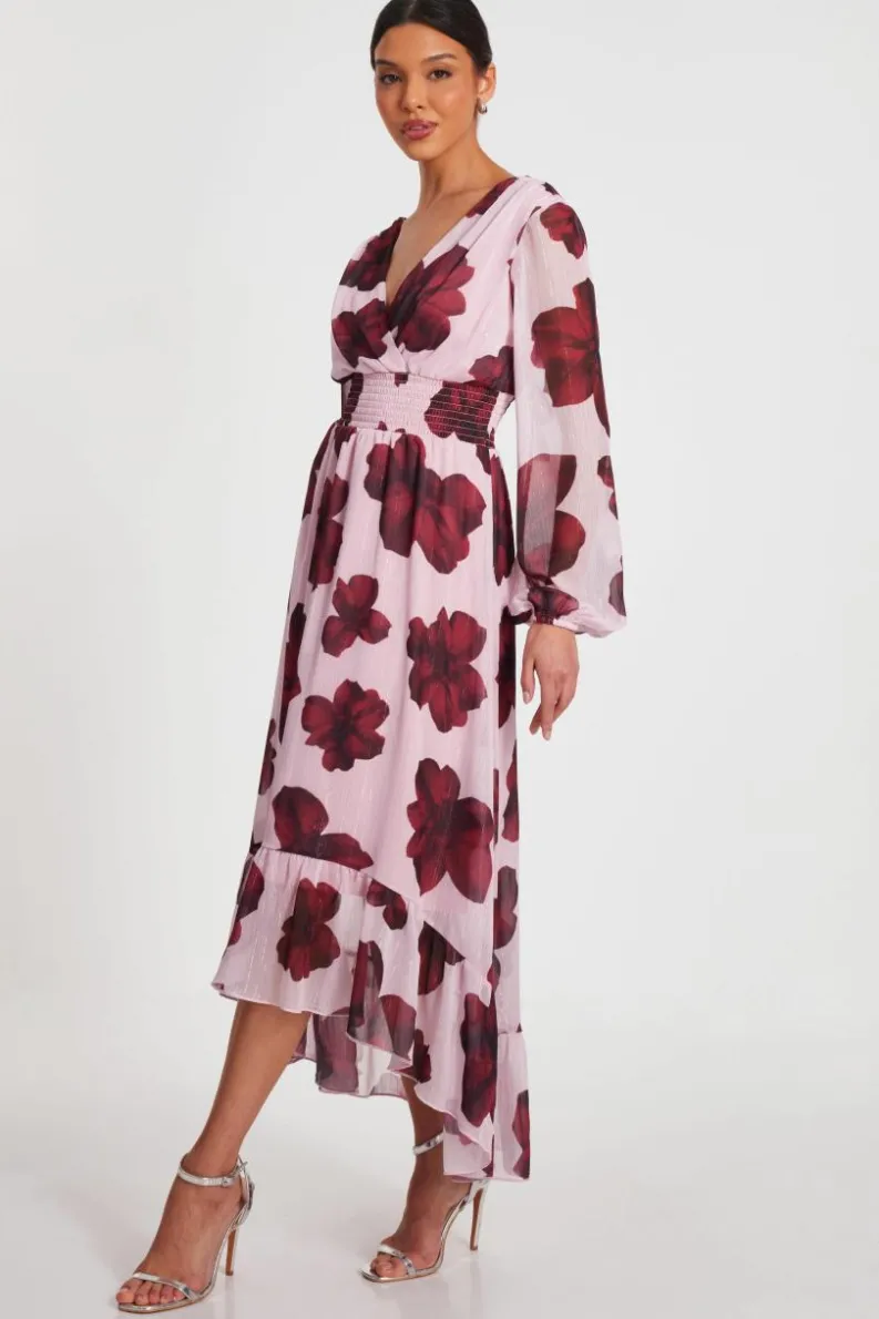 Midi Dresses*Quiz Floral Dip Hem Midi Dress Pale Pink