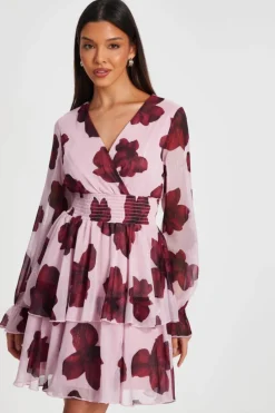 Skater Dresses*Quiz Floral Tiered Skater Dress Pale Pink