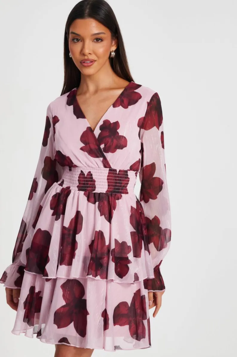 Skater Dresses*Quiz Floral Tiered Skater Dress Pale Pink